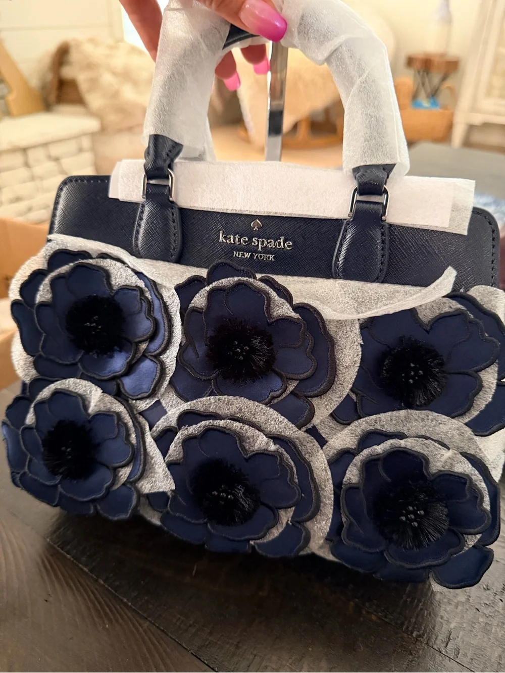 💙kate spade navy floral applique satchel with top handles